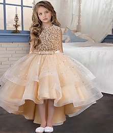 cheap -Flower Girl's Dress Solid Color Sleeveless Wedding Special Occasion Sequins Mesh Fashion Adorable Elegant Polyester Maxi Party Dress Feather Dress Swing Dress Summer Spring 3-13
