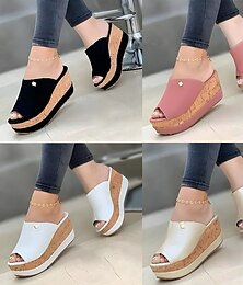 olcso -Women's Mules Platform Sandals Corkys Sandals Daily Color Block Summer Platform Wedge Heel Peep Toe Casual PU Leather Faux Suede Loafer Black White Pink