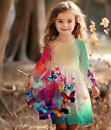 abordables -FILLE 3D Graphic Papillon Robe manche longue 3D effet Eté Printemps Automne Sport & Loisir du quotidien Vacances Le style mignon Décontractées Magnifique Enfants 3-12 ans Robe casual Robe Trapèze Au