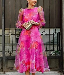 olcso -Női Party ruha Koktélruha Esküvői vendég ruha Midi ruha Arcpír rózsaszín Hosszú ujj Virágos Nyomtatott Nyár Tavasz Ősz Terített nyak Divat Esküvői vendég Vakáció Nyári ruha S M L XL XXL 3XL