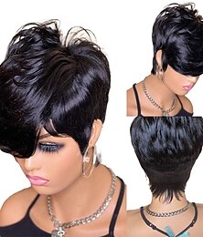 economico -parrucca bob onda corta parrucca capelli umani taglio pixie per donna parrucca anteriore pizzo con frangia onde stratificate parrucca piena fatta a macchina colore 1b