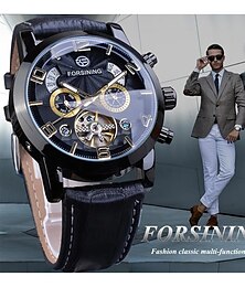 abordables -Reloj mecánico para hombres FORSINING Reloj de gran diámetro de lujo Reloj de moda de negocios Reloj de calendario con fecha y semana de cuero