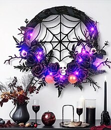 abordables -couronne d'halloween décoration suspendue devant la porte fantôme festival squelette citrouille feuille d'érable couronne noire avec des lumières