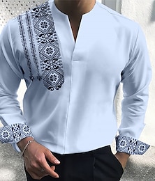 cheap -Men's Shirt Floral Vintage Geometry Totem V Neck White Blue Green Khaki Light Blue Outdoor Street Long Sleeve Print Clothing Apparel Fashion Streetwear Designer Casual
