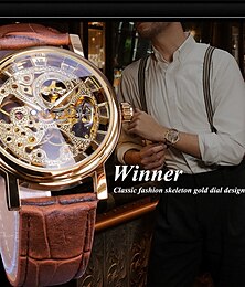 abordables -Reloj de Case Transparente de Moda Winner Diseño Casual de Lujo Correa de Cuero Relojes para Hombre Marca de Lujo Reloj Esqueleto Mecánico