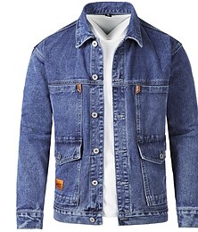 cheap -Men's Denim Jacket Casual Jacket Daily Wear Vacation Soft Durable Button Pocket Spring &  Fall Plain Comfort Leisure Lapel Regular Black Blue Gray Jacket
