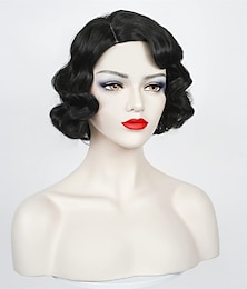 お買い得  -波かつら女性黒 1920 年代ヴィンテージフラッパーかつら女性ロカビリーショートカーリーウィッグハロウィンパーティーコスプレ衣装人工毛