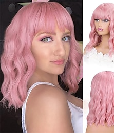 baratos -peruca rosa com franja perucas curtas onduladas rosa para mulheres peruca bob 14 polegadas na altura dos ombros parte do meio peruca pastel encaracolado perucas coloridas sintéticas para meninas uso