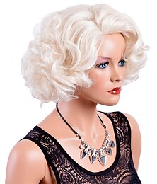 economico -parrucche corte bionde ricce per le donne grandi parrucche ondulate anni '80 flip parrucche cosplay costume party halloween capelli sintetici biondo platino parrucche naturali mamma con berretto