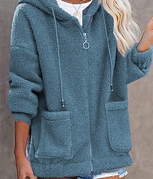 cheap -Women's Teddy Coat Fall Sherpa Jacket Street Winter Short Coat with Hood Vacation Going out  Warm Stylish Daily Casual Jacket Long Sleeve Plain with Pockets Black Blue Army Green