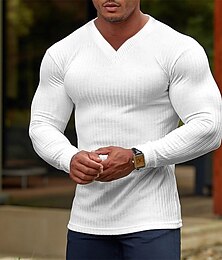 ieftine -Bărbați Tricou Tricou din tricot cu nervuri Tee Top Simplu Pit Strip În V Stradă Vacanță Manșon Lung Îmbrăcăminte Modă Designer De Bază