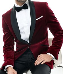 economico -Giacca blazer da uomo in velluto per feste casual taglio regolare a tinta unita monopetto a un bottone borgogna