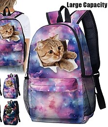 お買い得  -大容量のギャラクシーキャットプリントバックパック - 女の子、ティーン、猫好きの方にぴったりのかわいい動物柄スクールバッグ。学校、旅行、日常使いに最適です。