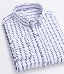 cheap -Men's Dress Shirt Striped Shirt Button Down Shirt Non Iron Shirt Oxford Shirt Plaid / Striped / Chevron / Round Wedding Office & Career Light Blue White Dark Navy Navy Blue Long Sleeve Shirt Collar