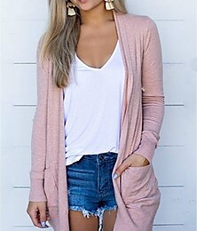 cheap -Women's Cardigan Cardigan Sweater Open Front Knit Polyester Pocket Thin Summer Spring Fall Tunic Home Daily Going out Basic Casual Soft Long Sleeve Solid Color Light Pink Black Red S M L