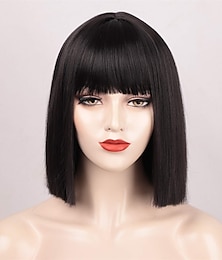 cheap -Black Bob Wig with Bangs Short Black Wig for Women Straight Bob Wigs Heat Resistant Synthetic wig Mia Wallace Cleopatra Cospaly Daily Party Use 12