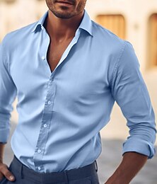 cheap -Men's Shirt Dress Shirt Light Blue Black White Long Sleeve Plain Lapel Summer Office & Career Wedding Party Clothing Apparel