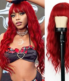 economico -Parrucca Lunga Ondulata Rossa con Ciuffo Sintetica Parrucca Lunga Rossa per Donne Rossa Vino Riccia Cosplay Parrucca Burgundy per Ragazze Uso Quotidiano Festa Parrucca di Halloween