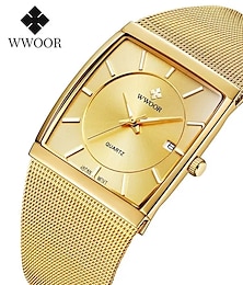 cheap -Men's Square Ultra-thin Watch WWOOR Luxury Gold Watch Men's Quartz Steel Mesh Waterproof Watch Box Gift Relogio Masculino