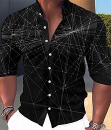 economico -Per uomo Camicia Camicie Geometrica Esterno Informale Blu-verde Blu Marrone Verde Manica lunga Colletto alla coreana Estate Primavera Abbigliamento Stampa