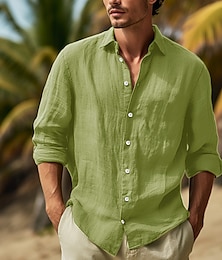 abordables -Homme Chemise Chemise Lin Chemise boutonnée Chemisette Chemise d'été Chemise de plage Vert Véronèse manche longue Plein Revers Printemps été Casual du quotidien Vêtement Tenue