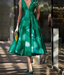 olcso -a-line koktél őszi ruhák elegáns ruha piros zöld ruha vintage formális tea hosszú ujjatlan v nyakú öv / szárny szatén redőkkel vállvirág 2024