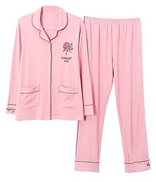 cheap -Women's Pajamas Pajama Top and Pant Sets Letter Flower Tights / Leggings Casual Comfort Home Daily Bed Cotton Breathable Lapel Long Sleeve Shirt Pant Button Pocket Summer Fall White Pink