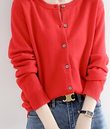cheap -Women's Cardigan Sweater Jumper Ribbed Knit Button Solid Color Crew Neck Stylish Casual Outdoor Daily Autumn Winter Wine Red Big red S M L