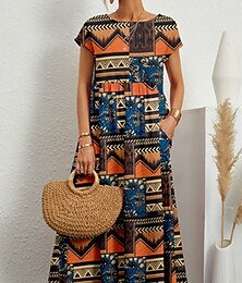 abordables -Femmes Noir Jaune Été Printemps Robe Midi Robes inspirées du lin Robe Décontractée Mode Style Ethnique Occasionnel Extérieur Vacances Quotidien Coupe Ample Géométrique Fleur Col ras du cou