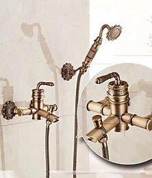 お買い得  -シャワー蛇口セット壁掛けヴィンテージ真鍮、シャワーシステムハンドヘルドスプレー、浴槽注ぎ口冷温ホース付き