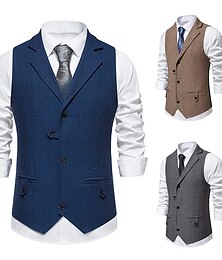 billiga -Herr Väst Företag Kvällsfest Alla hjärtans dag Vintage Mode Vår & Höst Knapp Polyester Bekväm Slät Enkelknäppt Kavajslag Normal Blå Mörkgrå Brun Väst