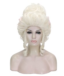 economico -Parrucca costume ondulata bianca bionda riccia delle donne del XVIII secolo parrucca updo carnevale cosplay parrucca per donne con abito vittoriano parrucche di Halloween