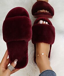 olcso -Women's Slippers Furry Feather Fuzzy Slippers Fluffy Slippers House Slippers Home Daily Solid Color Winter Flat Heel Open Toe Casual Comfort Minimalism Walking Suede Wine Red Black White