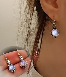 cheap -moonstone retro earrings    fashion thai silver colorful gemstone ear hook ear jewelry