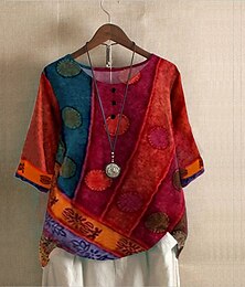 economico -camicia in lino taglie forti da donna, maglietta boho, maglietta streetwear casual, blocchi di colore, stampa a righe, mezza manica, top normali, girocollo, quotidiano, sportivo, fine settimana,