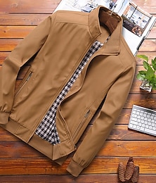 cheap -Men's Jacket Business Daily Windproof Pocket Spring Autumn Plain Fashion Casual Stand Collar Regular Black Blue Green khaki Jacket