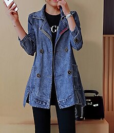 cheap -Women's Denim Jacket Regular Coat Regular Fit Warm Breathable Streetwear Elegant Jacket Spring Summer Long Sleeve Solid Color Pocket Navy Blue Outdoor Street Daily