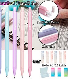 preiswerte -Druckbleistift-Set, 6 Stück Pastell-Druckbleistifte 0,5 mm & 0,7 mm mit 216 Stück HB-Bleistiftminen und 3 Stück Radiergummis, ästhetische Druckbleistifte zum Schreiben von Mädchen
