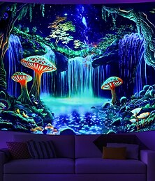 voordelige -fantasie bos blacklight wandtapijt uv reactief mistige paddestoel natuur landschap hangend wandtapijt muurkunst muurschildering voor woonkamer slaapkamer waterval sterrenhemel neon natuur plant