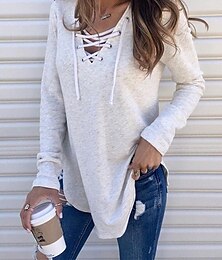 cheap -Women's Pullover Sweater Jumper V Neck Ribbed Knit Cotton Blend Lace up Summer Fall Outdoor Daily Going out Stylish Casual Soft Long Sleeve Solid Color Maillard Black White Pink S M L