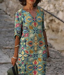 abordables -Femmes Robe Midi Robe fourreau Robe d'été Robe Imprimée Actif Mode Streetwear Extérieur Quotidien Date Coupe régulière Graphique Demi Manches Col fendu Vert Été Printemps