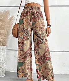 cheap -Women's Wide Leg Chinos Pants Trousers Flower Baggy Print Full Length Micro-elastic High Waist Vacation Ethnic Daily Wear Vacation Purple Gold S M Summer Fall