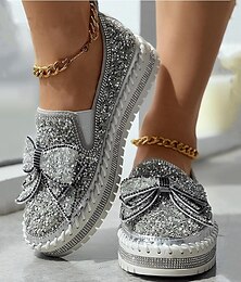 cheap -Women's Slip-Ons Bling Bling Shoes Plus Size Platform Sneakers Outdoor Daily Solid Color Summer Rhinestone Flat Heel Round Toe Elegant Casual Comfort PU Loafer Silver Black Pink