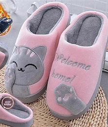 cheap -Women's Slippers Fuzzy Slippers Fluffy Slippers House Slippers Warm Slippers Home Cartoon Cat Winter Flat Heel Round Toe Fashion Cute Plush Satin Pink & Grey Black Pink