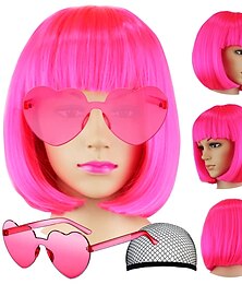 preiswerte -Kurze Bob-Perücke, glatt, mit flachem Pony, synthetisch, bunt, für Cosplay, tägliche Party, Neon-Perücke für Damen (nur Perücken)