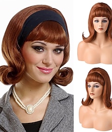 billiga -retro brun peruk 50-tal 60-tal 70-tal peruk med lugg för kvinnor syntetiskt hår för halloween kostymfest