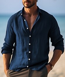 abordables -Homme Chemise Chemise Lin Chemise boutonnée Chemisette Chemise d'été Chemise de plage Jaune bleu marine Violet manche longue Plein Col rabattu Printemps été Casual du quotidien Vêtement Tenue