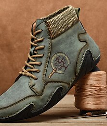 billige -vintagegrønne ankelstøvletter med snøre for menn – design i kunstskinn med strikket krage og slitesterk gummisåle for uformell utendørsstil