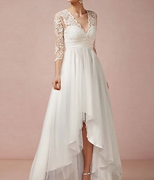 preiswerte -Reifes Hochzeitskleid Etui V-Ausschnitt 3/4 Länge Ärmel Asymmetrisches Chiffon Brautkleid mit Falten Gerafft 2025