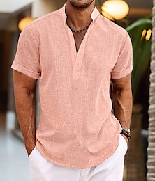 preiswerte -Herren Hemd leinenhemd Popover-Shirt Sommerhemd Strandhemd Schwarz Weiß Rosa Kurzarm Glatt Henley Sommer Casual Täglich Bekleidung